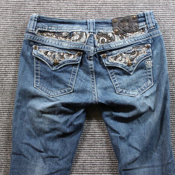 Miss Me Jeans Women's 28x35 Blue Easy Boot Sequined Flap Pockets Tall Inseam - Picture 5 of 8